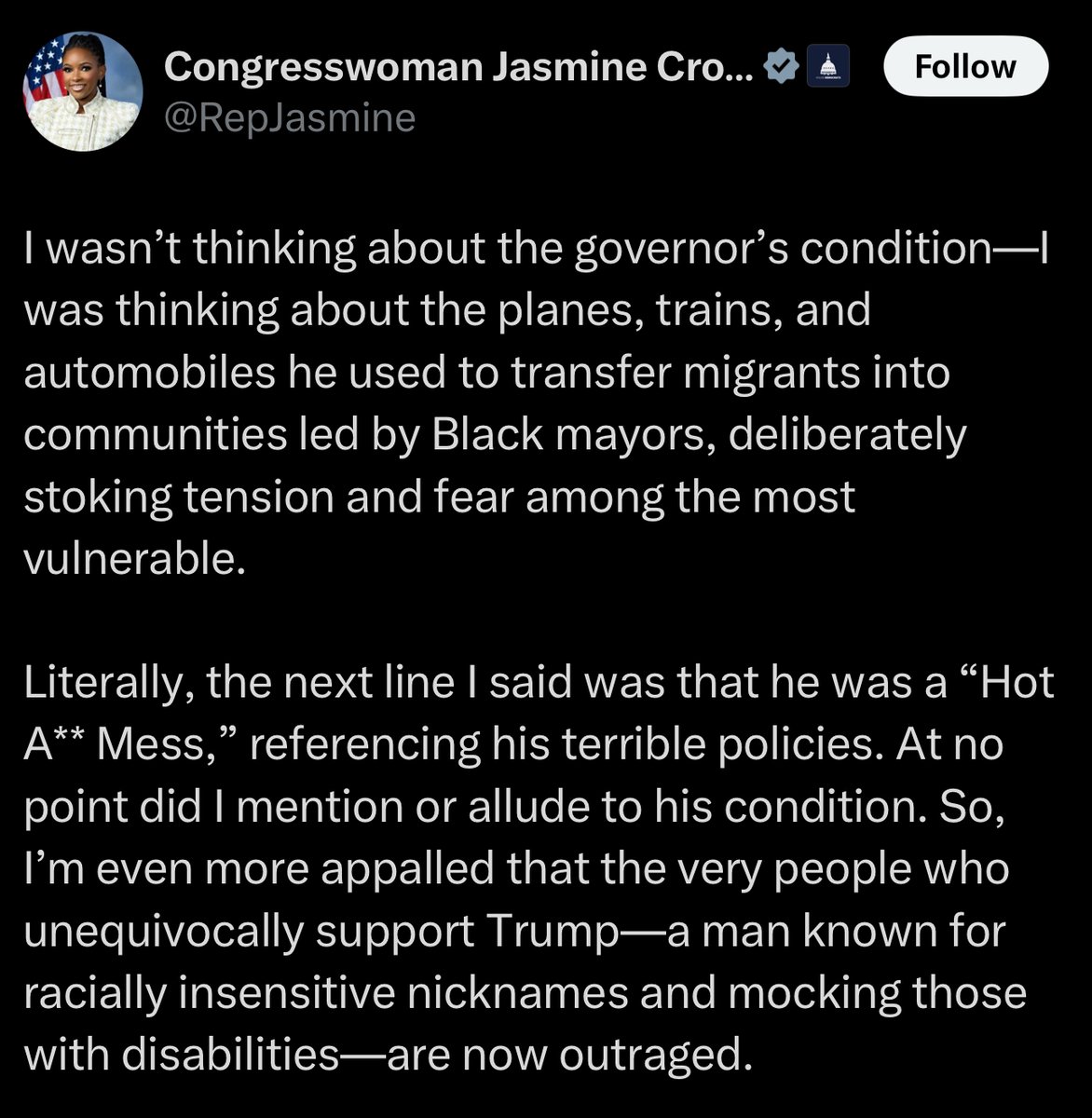 CollinRugg's tweet photo. JUST IN: Rep. Jasmine Crockett blasts Trump supporters for "misinterpreting" what she said when she referred to Gov. Greg Abbott as "Gov. Hot Wheels."

Crockett says she is appalled that people think she was referring to his wheelchair.

Lmao. Next level gaslighting right here. https://t.co/qQ99rByUj6