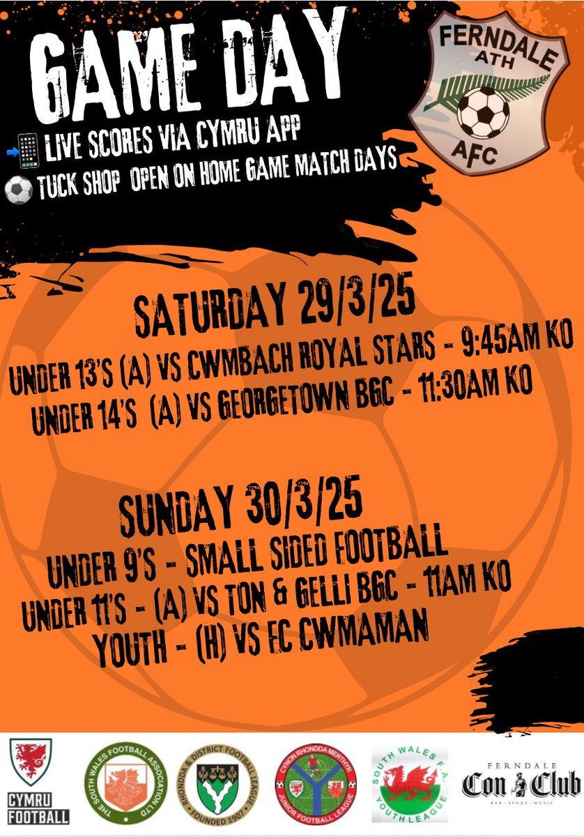This Weekends Fixtures 

📲 Live updates via Cymru football app
🗣️ Come along and support the teams 

🧡UppaFerns