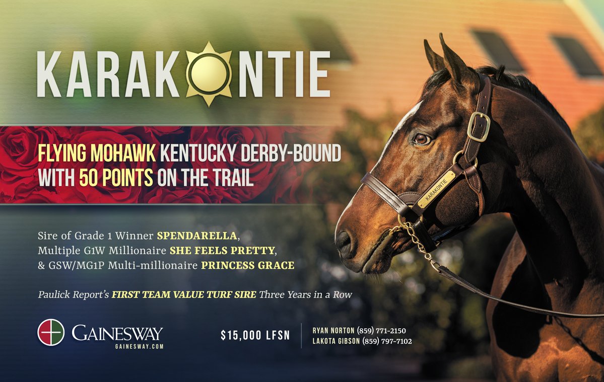 🪽 Flying Mohawk (KARAKONTIE) #KYDerby-bound with 50 points on the trail!

KARAKONTIE is a proven perennial #ValueSire with runners that incl.
☀️MG1W millionaire She Feels Pretty
☀️G1W Spendarella
☀️GSW/MG1P multi-millionaire Princess Grace.

#ShineOn