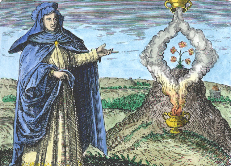 AlchemyMuseum's tweet photo. Maria Prophetissa points towards the seedling that has fallen on the top of the Cosmic Mountain. The summit of the mountain is the location of the Philosopher's Stone. From Michael Maier’s Symbola Aurae Mensac, 1617 https://t.co/lgl11REnek