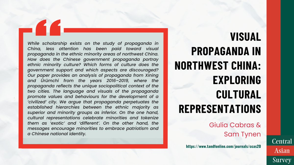 "How does the #Chinese government #propaganda portray ethnic minority culture? Which forms of #culture does the government support and which aspects are discouraged?"

🥳New #OpenAccess article from Giulia Cabras &amp; Sam Tynen: 

doi.org/10.1080/026349…