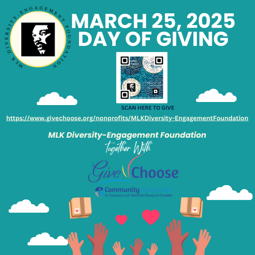 MLKMarch's tweet image. Today's the day! Make your gift to the MLK Diversity Engagement Foundation anytime before 11:59 p.m. tonight here:

givechoose.org/nonprofits/MLK…

You gift helps support our scholarship fund and community programs in Loudoun County!