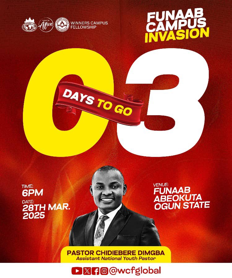 wcf_funaab's tweet photo. 🔥 3 DAYS TO GO! 🔥

There is a time to watch, and there is a time to move. This is a time to move!

The atmosphere is charged. Revival is near!

Are you ready for what God is about to do? Don’t be left out!

Come expectant. Come with fire!

@wcfglobal https://t.co/7xdujCjyno