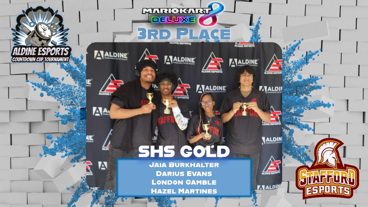 Aldine Esports (@aldineesports) on Twitter photo 📢 HUGE congrats to Stafford HS Gold for placing third in Mario Kart 8 Deluxe in our Aldine Esports Countdown Cup Tournament this past weekend! 🏆 <a href="/SMSDEsports/">Stafford Spartans Esports</a> <a href="/coltberry/">Coach Berry</a> <a href="/TEXSEF/">Texas Scholastic Esports Federation</a> 📢 HUGE congrats to Stafford HS Gold for placing third in Mario Kart 8 Deluxe in our Aldine Esports Countdown Cup Tournament this past weekend! 🏆 <a href="/SMSDEsports/">Stafford Spartans Esports</a> <a href="/coltberry/">Coach Berry</a> <a href="/TEXSEF/">Texas Scholastic Esports Federation</a>