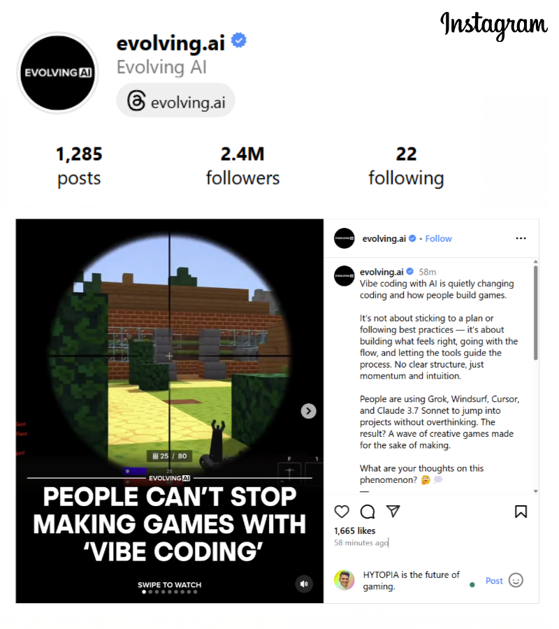 GamingDailyx's tweet photo. BREAKING 🚨: Hytopia has been featured as the top 'vibe coding' game on EvolvingAI, one of the biggest AI newsletters + IG pages.

Front-page spotlight with a dedicated video showcase.✨ https://t.co/QJWydVumxB