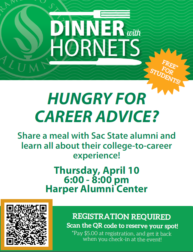 SacStateECS's tweet image. Connect with alumni in your field over dinner! 🍽️🤝 

Gain career advice, mentorship &amp;amp; insights at Dinner with Hornets on April 10.

📍 Harper Alumni Center
🕑 6:00 - 8:00 p.m.
🔗 csus.imodules.com/s/1894/19/home…

#ECS #SacState #MadeAtSacState #StingersUp #CSUS