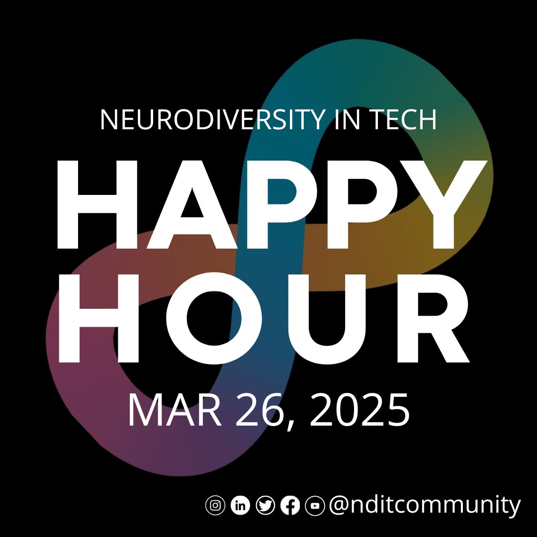 nditcommunity's tweet image. We have our monthly #NeurodiversityInTech digital #happyhour tomorrow!

Time: 5pm MST (7pm EST, 12am GMT)
RSVP: bit.ly/nd-hh-mar-2025