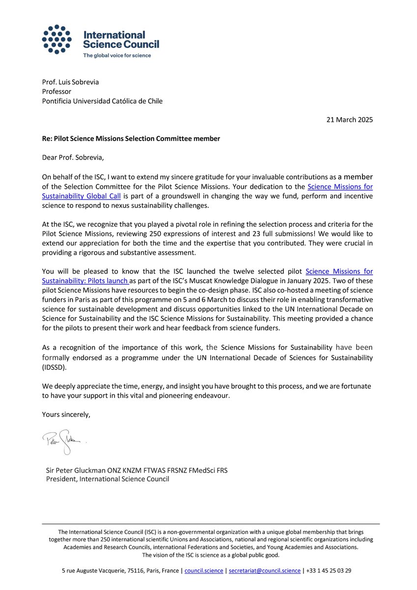 LuisSobrevia (@luissobrevia2) on Twitter photo As co-chair of the <a href="/ISC_LAC/">ISC RFP - LAC</a>, it has been an honor to be part of this process alongside an international group of highly qualified scientists, working to fund several excellent proposals worldwide. Even more promising is the endorsement of this initiative by the <a href="/UN/">United Nations</a> International As co-chair of the <a href="/ISC_LAC/">ISC RFP - LAC</a>, it has been an honor to be part of this process alongside an international group of highly qualified scientists, working to fund several excellent proposals worldwide. Even more promising is the endorsement of this initiative by the <a href="/UN/">United Nations</a> International