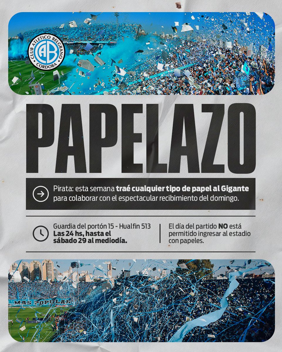 ¡TRAÉ PAPELES AL GIGANTE PARA EL RECIBIMIENTO DEL CLÁSICO! 📄🗞️📋

🙌 Invitamos a todas y todos los Piratas a acercar durante la semana cualquier tipo de papel al portón 15 del Julio César Villagra, ubicado en Hualfin 513, para colaborar con el espectacular recibimiento del