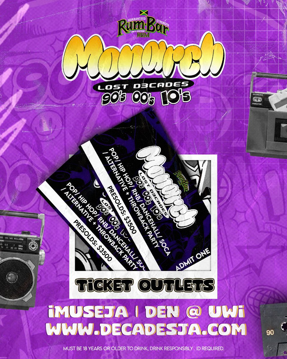 Step into the ultimate throwback experience 🎶 
Monarch: Lost Decades brings you the best of the 90s, 00s, and 10s with Pop, Hip Hop, R&amp;B, Dancehall, Soca, and Alternative hits. 📻
Get your tickets now at iMuseJA, Shoppers Den @ UWI, or online at decadesja.com. 🎟️ Don’t