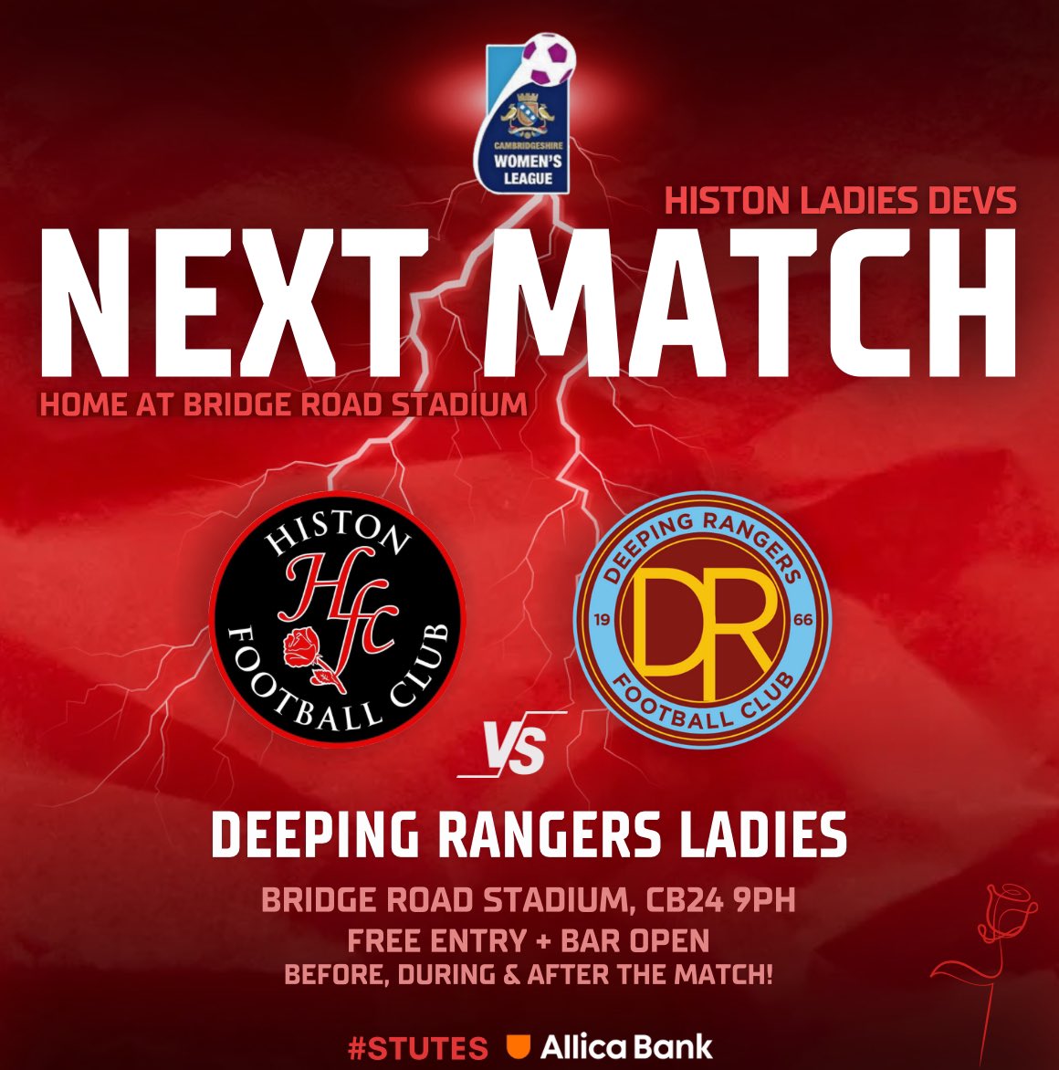 Histon Ladies FC (@histonlfc) on Twitter photo 🚨Next match👇🏻
It’s midweek action under the lights for our Devs this week as they Host Deeping Rangers.
🌹Histon Ladies Development
🆚 <a href="/rangers_ladies/">Deeping Rangers FC Ladies</a> Ladies
📅 26/3/25
⚽️ 7:30pm KO
🏆 <a href="/cambsgwleague/">Cambridgeshire Womens and Girls League</a> Div 2
🏟️Bridge Road CB24 9PH
🎟️ FREE Entry + Bar open ☕️🍺
#stutes 🔴⚫️ 🚨Next match👇🏻
It’s midweek action under the lights for our Devs this week as they Host Deeping Rangers.
🌹Histon Ladies Development
🆚 <a href="/rangers_ladies/">Deeping Rangers FC Ladies</a> Ladies
📅 26/3/25
⚽️ 7:30pm KO
🏆 <a href="/cambsgwleague/">Cambridgeshire Womens and Girls League</a> Div 2
🏟️Bridge Road CB24 9PH
🎟️ FREE Entry + Bar open ☕️🍺
#stutes 🔴⚫️