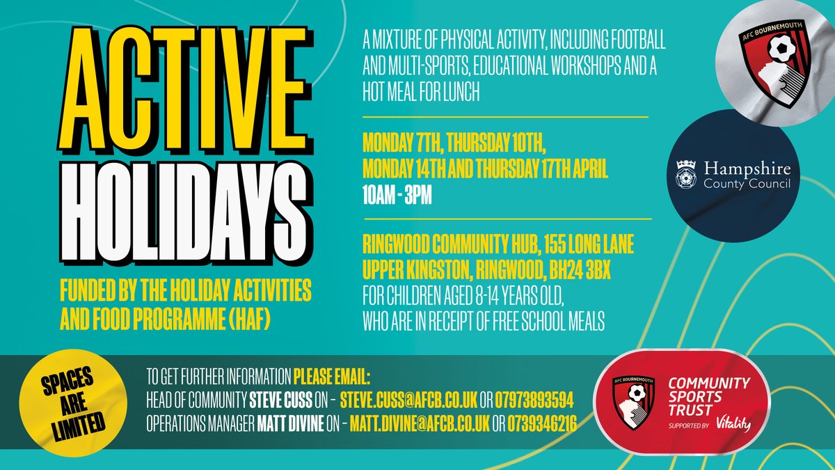 AFCB Community (@afcbcommunity) on Twitter photo Active Holiday Camps at <a href="/RingwoodHub/">Ringwood Community Hub</a>
Free holiday camp for 8-14 year olds entitled to free school meals
📧 matt.divine@afcb.co.uk to sign up Active Holiday Camps at <a href="/RingwoodHub/">Ringwood Community Hub</a>
Free holiday camp for 8-14 year olds entitled to free school meals
📧 matt.divine@afcb.co.uk to sign up
