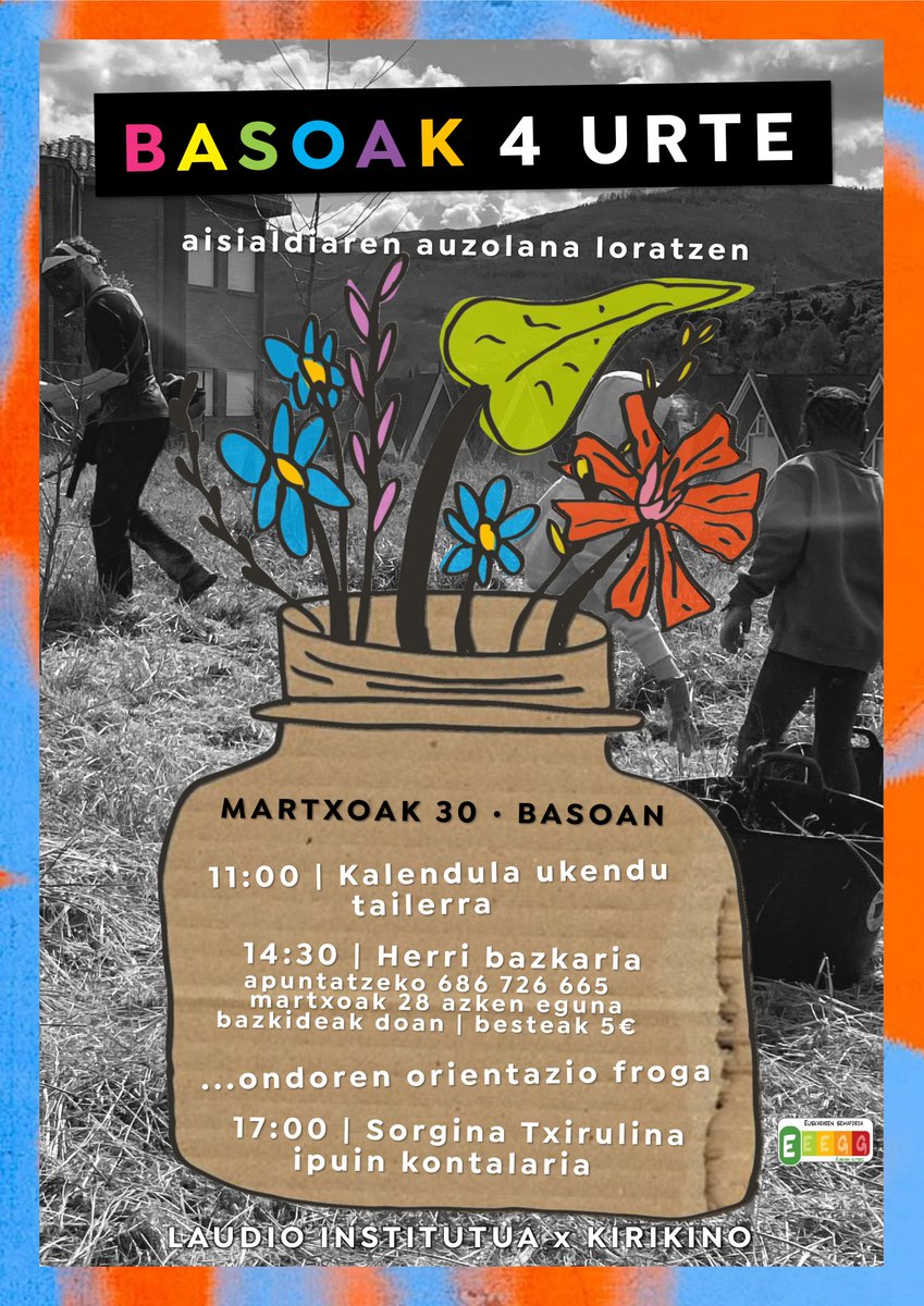 🌳 BASOAK 4 URTE🌲 aisialdiaren auzolana loratzen 🪻

🗓️Martxoak 30

🌼Kalendula ukendu tailerra, 🥘herri bazkaria, 🗺️ orientazio froga eta 📚Sorgina Txirulina ipuin kontalaria

🍽️ Bazkaria bazkideentzat doan, gainerakoentzat 5€, martxoak 28 izena emateko azken eguna!