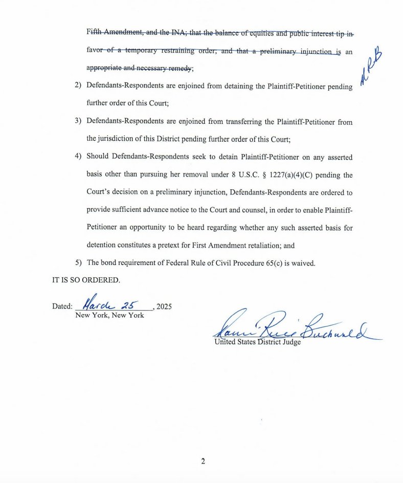 New: A judge has issued a temporary restraining order stopping the Trump administration from detaining Yunseo Chung — a 21-year-old Columbia student &amp; legal permanent resident who the Trump administration is trying to deport for participating in pro-Palestine protests.