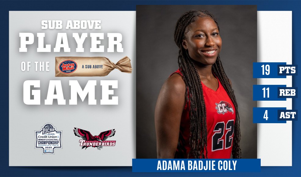 🏅Player of the Game!

The <a href="/jerseymikes/">Jersey Mike's Subs</a> Sub Above Player of the Game for Game 2 of the 2025 <a href="/MyCreditUnion1/">Credit Union 1</a> #NJCAABasketball DI Women's Championship is Adama Badjie Coly of Casper! 

Badjie Coly had a double-double with 19 points and 11 rebounds.

njcaa.org/championships/…