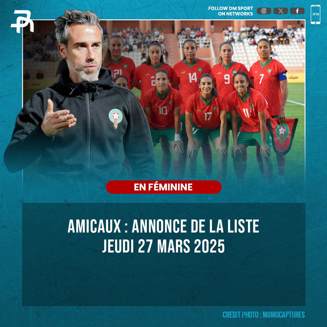 🇲🇦 Lionnes : Liste dévoilée le 27 mars

Jorge Vilda annoncera ce jeudi (12h) la liste des joueuses convoquées pour les amicaux contre la Tunisie et le Cameroun (4 &amp; 8 avril).

📊 Classement FIFA :
🇲🇦 60e | 🇨🇲 66e | 🇹🇳 89e