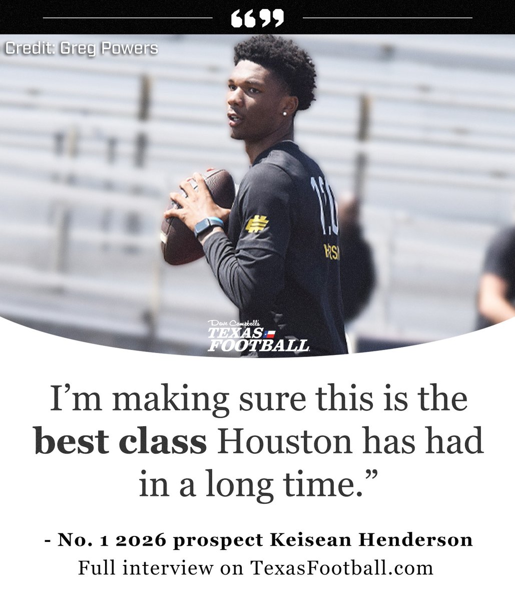 Dave Campbell's Texas Football — TexasFootball.com (@dctf) on Twitter photo The top-rated #TXHSFB prospect in the class of 2026 has his eyes set on remaining a hometown hero. 👀 #GoCoogs
Full interview with <a href="/UHCougarFB/">Houston Football</a> commit <a href="/KeiHenderson1/">Keisean Henderson</a>: texasfootball.com/article/2025/0… The top-rated #TXHSFB prospect in the class of 2026 has his eyes set on remaining a hometown hero. 👀 #GoCoogs
Full interview with <a href="/UHCougarFB/">Houston Football</a> commit <a href="/KeiHenderson1/">Keisean Henderson</a>: texasfootball.com/article/2025/0…