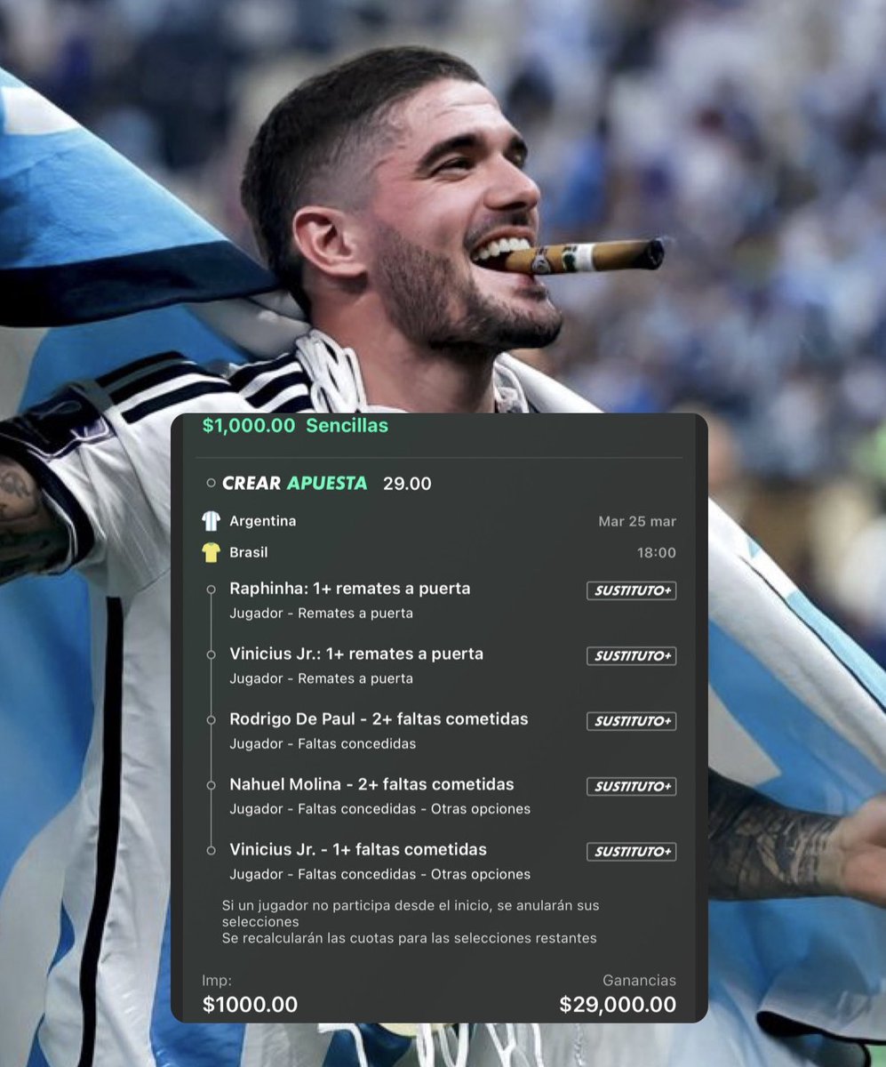 HassidoPicks's tweet photo. Os dejo mi parlay 29 para el 🇧🇷 Brasil - Argentina 🇦🇷 ¡Me gusta muchísimo! Si la ganamos reparto las ganancias entre los que den like❤️, hagan RT y me sigan🫵🏻🔥 https://t.co/EY0XsmAVOy