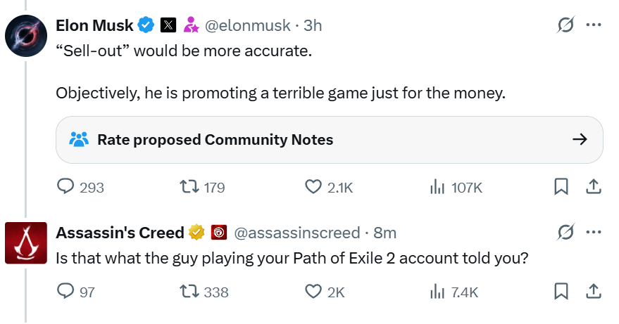 Grummz's tweet photo. Assassin's Creed official account is now trying to ratio Elon.

First me, now Elon, next step, downsizing and layoffs. https://t.co/dZRFNS4aOy
