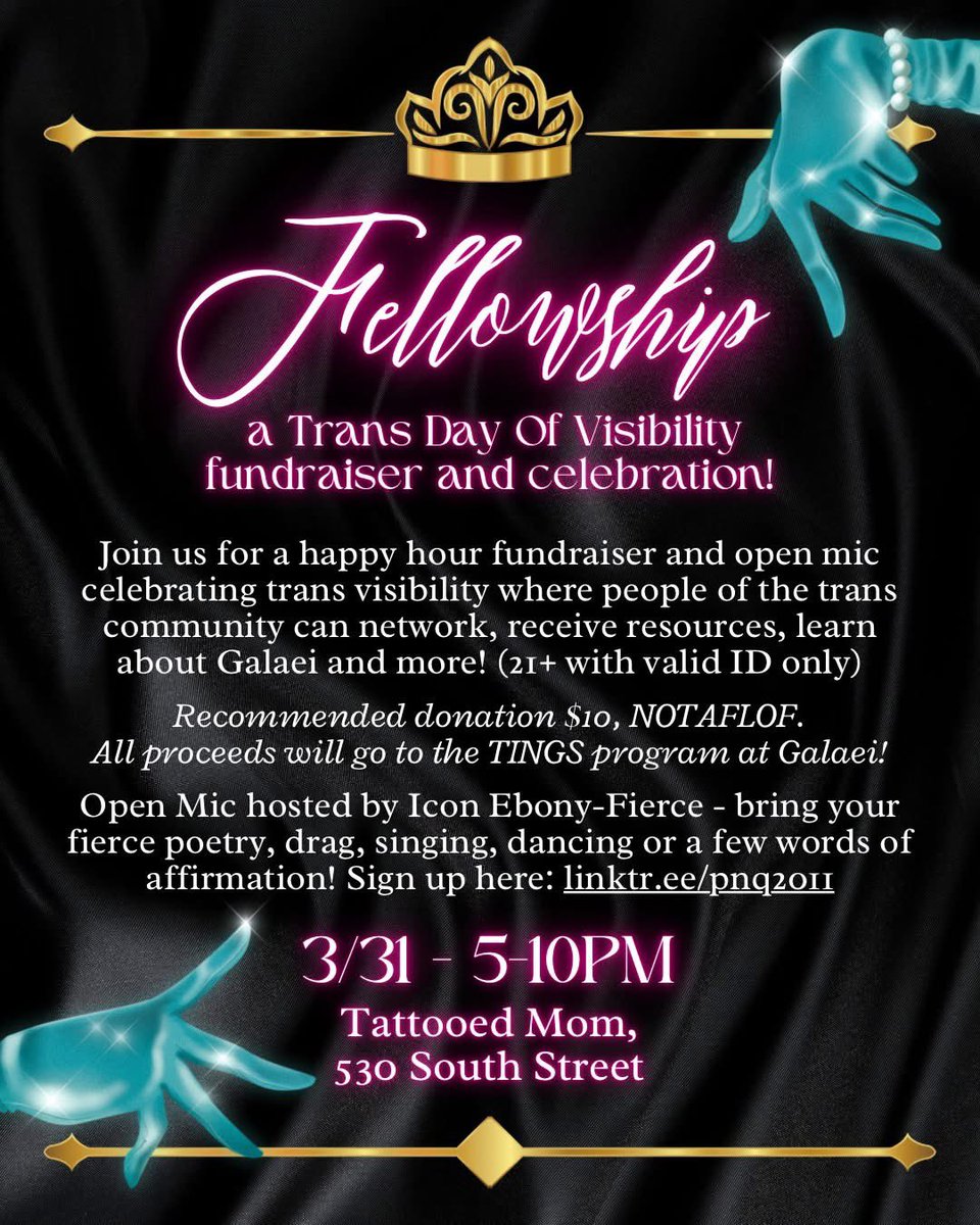 The time to support is NOW!

Celebrate TDOV by raising money for Galaei! 10% of bar and food sales goes to the TINGS program! We will also be collecting donations all night!

Sign up for our open mic talent show here: forms.gle/HSQQqBbsBoeTgf…