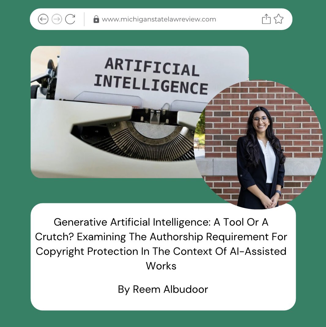 michstatelawrev's tweet photo. NEW PUBLICATION ALERTS:
First, our very own Senior Notes Editor, Reem Albudoor, has her article discussing generative AI published on our forum.

Second, our team published the third issue of our 2024 volume. Head to our site to read the amazing articles. https://t.co/sY2zG69lrN