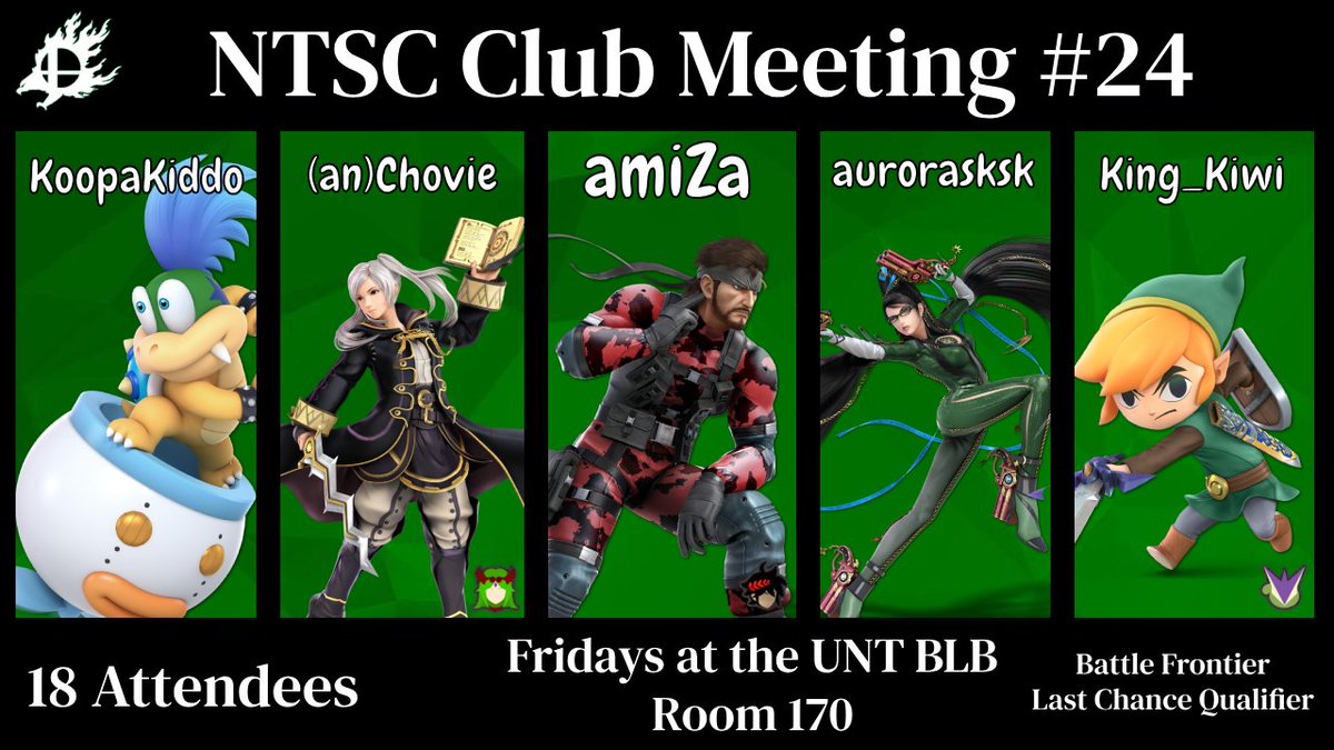North Texas Smash Club (@ntscsmash) on Twitter photo Speaking of Battle Frontier, let's see who qualified through our Last Chance Qualifier last Friday!
🥇 <a href="/KoopaKiddo06/">KoopaKiddo06</a>
🥈 <a href="/Loganchovie33/">🐟Loganchovie🐟</a>
🥉 <a href="/amiZa_ssb/">Fire Nico 🔜 Delta H Con</a>
🏅 <a href="/aurorasksk/">aurorasksk</a>
🏅 King_Kiwi Speaking of Battle Frontier, let's see who qualified through our Last Chance Qualifier last Friday!
🥇 <a href="/KoopaKiddo06/">KoopaKiddo06</a>
🥈 <a href="/Loganchovie33/">🐟Loganchovie🐟</a>
🥉 <a href="/amiZa_ssb/">Fire Nico 🔜 Delta H Con</a>
🏅 <a href="/aurorasksk/">aurorasksk</a>
🏅 King_Kiwi