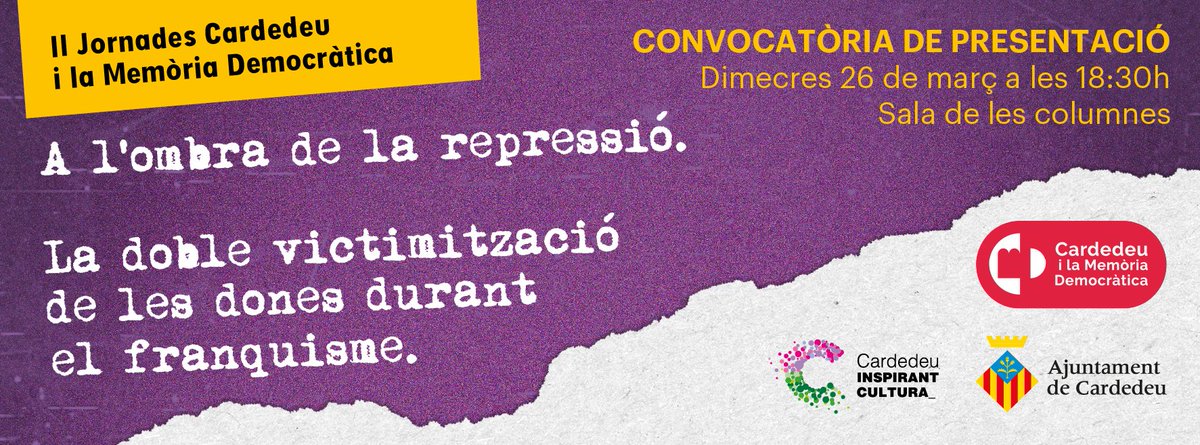 Arriben les II Jornades Cardedeu i la Memòria Democràtica

📌Presentació jornades: demà, 26 març a 18.30 h, Ajuntament

📆 Del 4 al 6 d'abril
Dedicades al paper de les dones durant el franquisme 
Un programa complet amb 12 activitats 
Teatre amb El Gegant del Pi, 6 d'abril a 18 h