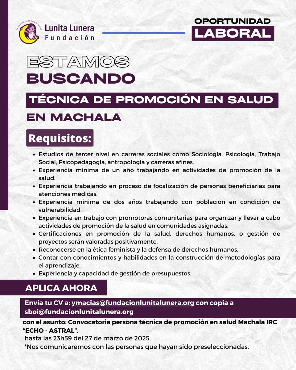 ¿𝙏𝙚 𝙞𝙙𝙚𝙣𝙩𝙞𝙛𝙞𝙘𝙖𝙨 𝙘𝙤𝙣 𝙚𝙨𝙩𝙚 𝙥𝙚𝙧𝙛𝙞𝙡? ¡𝙀𝙨𝙩𝙖 𝙤𝙥𝙤𝙧𝙩𝙪𝙣𝙞𝙙𝙖𝙙 𝙚𝙨 𝙥𝙖𝙧𝙖 𝙩𝙞! 😎 💜 

Nos encontramos en la búsqueda de una persona técnica de promoción en salud en Machala.

Revisa el TDR adjunto
➡️ fululu.org/trabaja-con-no…