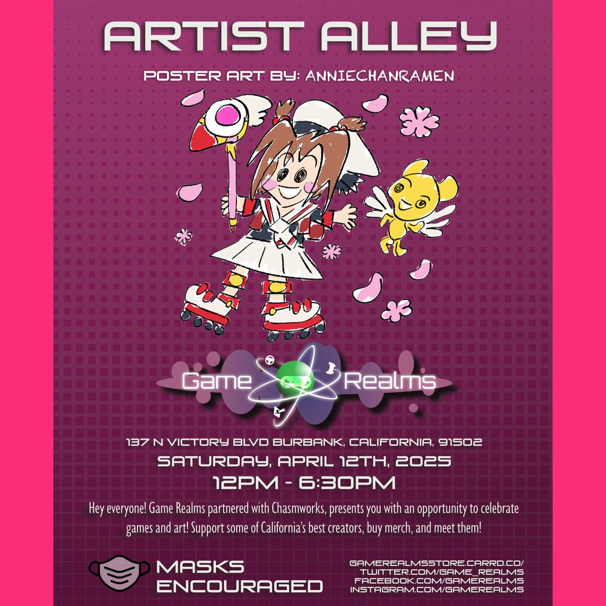 Game Realms (@game_realms) on Twitter photo April 12th Saturday :
ARTIST ALLEY EVENT at <a href="/Game_Realms/">Game Realms</a> in Burbank California!
Meet & purchase art from various local artists, featuring original, #animation, #videogames , #anime & more themed #art!
Event Date: April 12th, Saturday, 2025 at noon! April 12th Saturday :
ARTIST ALLEY EVENT at <a href="/Game_Realms/">Game Realms</a> in Burbank California!
Meet & purchase art from various local artists, featuring original, #animation, #videogames , #anime & more themed #art!
Event Date: April 12th, Saturday, 2025 at noon!