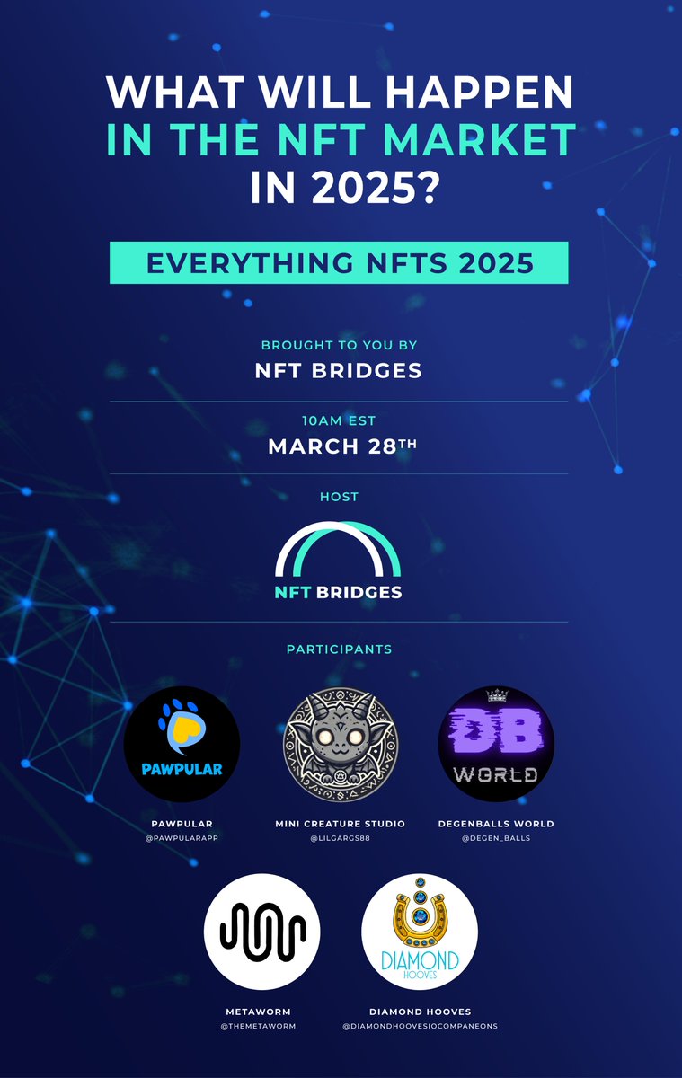 🔥 Mark your calendars: AMA incoming! 🔥

x.com/i/spaces/1gqxv…

Join us on March 28th at 10 AM EST for a powerhouse AMA featuring:
<a href="/PawpularApp/">Pawpular-Mint Live</a> 🐾
<a href="/DiamondHoovesio/">Diamond Hooves</a> 💎🐎
<a href="/Companeons/">Companeons</a> 🤖
<a href="/lilgargs88/">Mini Creature Studio</a> 🐉
<a href="/themetaworm/">Metaworm</a> 🪱
<a href="/degen_balls/">Degenballs World</a> 🎱
Exciting projects, good vibes, and prizes for