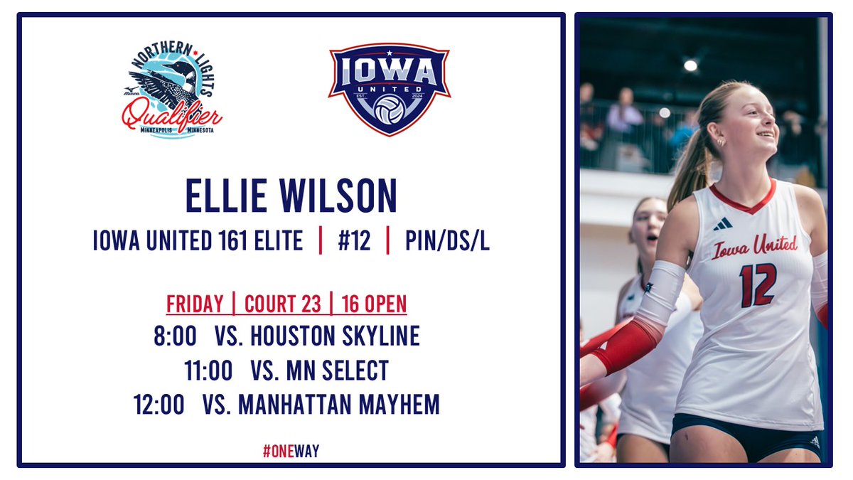 Ellie Wilson (@elliewilson_12) on Twitter photo Excited for our <a href="/IowaUnitedVB/">Iowa United Volleyball</a> 16-1 Elite team to compete this weekend at Northern Lights in 16 Open! Schedule below!
<a href="/coachmoonvball/">Jamie Moon 🏐</a> Excited for our <a href="/IowaUnitedVB/">Iowa United Volleyball</a> 16-1 Elite team to compete this weekend at Northern Lights in 16 Open! Schedule below!
<a href="/coachmoonvball/">Jamie Moon 🏐</a>