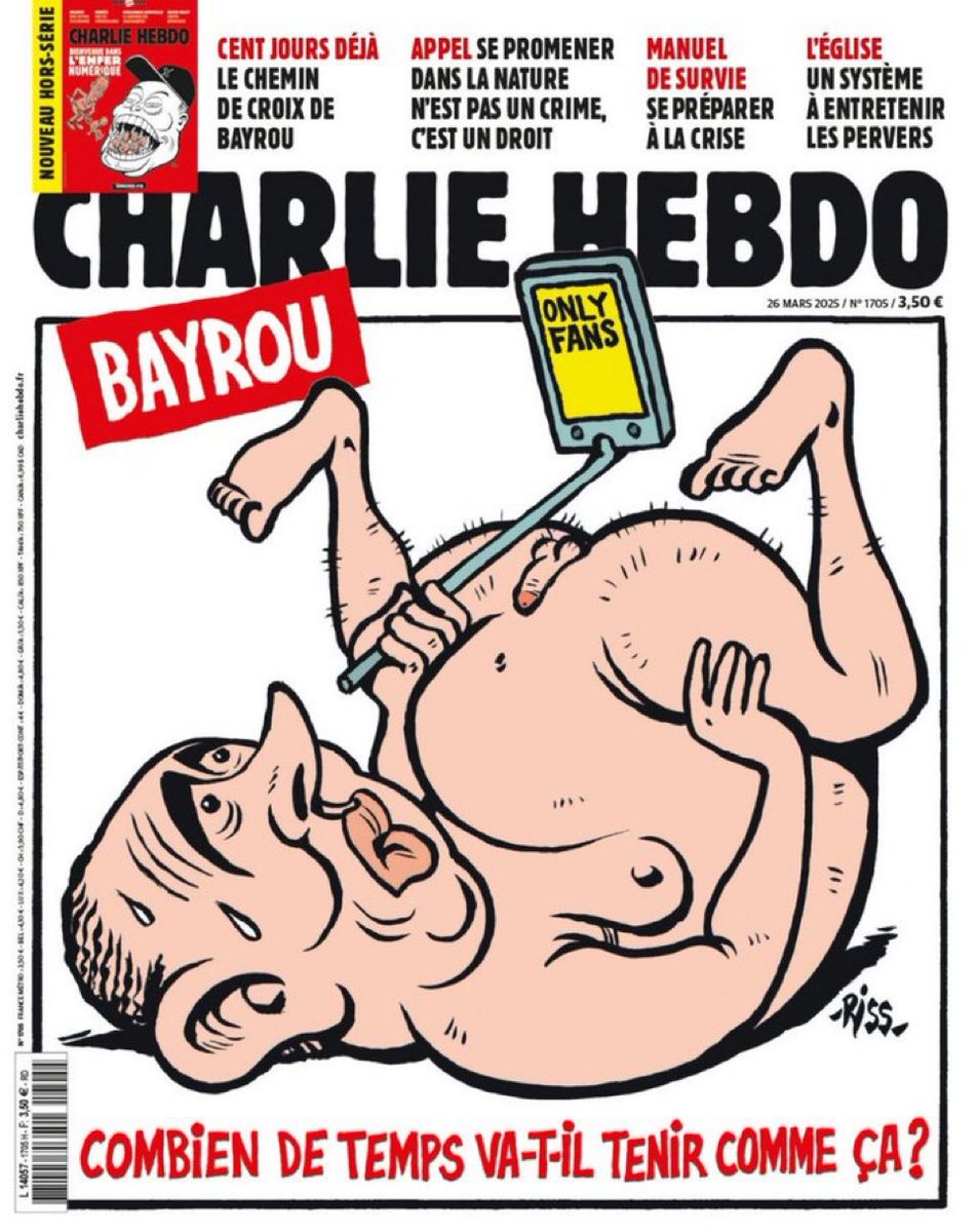 🇫🇷📰 Voici la Une de Charlie Hebdo sur François Bayrou, à paraître ce mercredi.