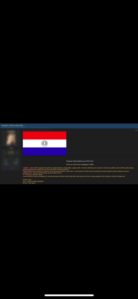 🚨 Según <a href="/elhackernet/">elhacker.NET</a>, venden la base de datos de votantes paraguayos de 2023: info de 1M de personas registradas para votar y 7.280.754 registros con nombres completos, cédulas, lugar de nacimiento, profesión, género, dirección, vecindario, estado civil, fecha de nacimiento,