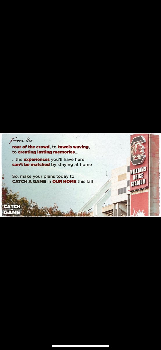 The experiences you'll have at Williams-Brice Stadium can't be matched by staying at home!

Make plans to join us this fall!

➡️ cloud.e.athletics.sc.edu/fb25sa