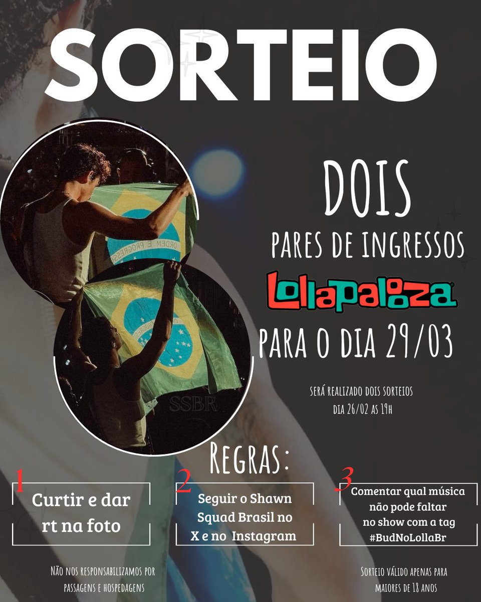 shawnpbrasil's tweet photo. Bud mais uma vez pensou em tudo e vamos sortear DOIS PARES DE INGRESSOS que ganhamos pra ver o show do Shawn no Lolla BR!

Siga as regras do banner, e comente bastante qual música não pode faltar no show com a tag  #BudNoLollaBR

*Sorteio p/ maiores de 18 anos
#BebaComModeração https://t.co/NJkpmBN43q