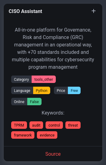 rawsec_cyber's tweet image. New tools were added on the #Rawsec #Cybersecurity Inventory.

@asmimite added:
📌 CISO Assistant by Intuitem

@devanshdubey added:
📌 PowerZure by @haus3c

mwakabela added:
📌 CSI Linux by @csi_linux

arraymahdi added:
GCFA certification by @CertifyGIAC

inventory.raw.pm