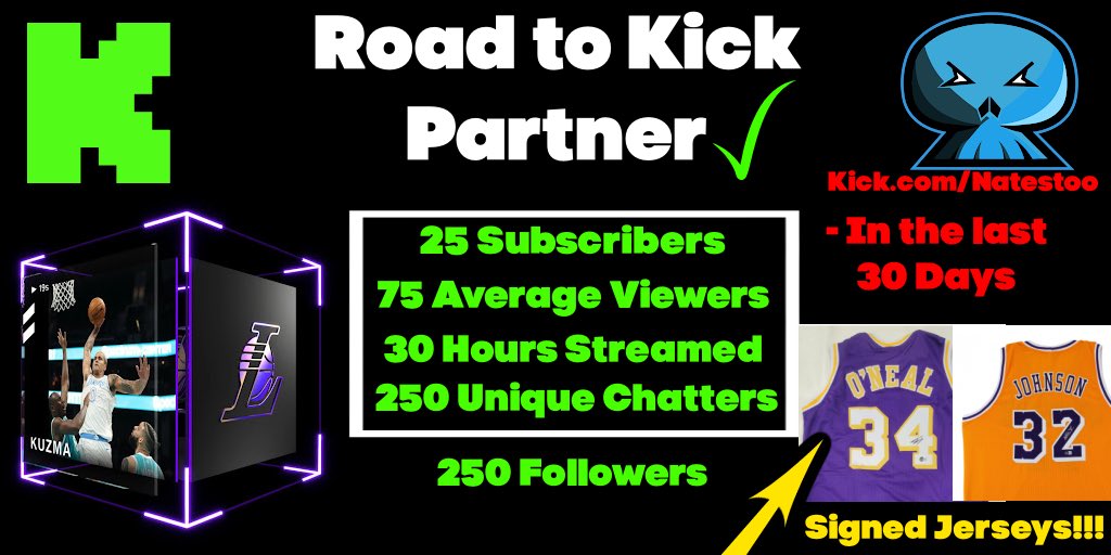 Road to Kick Partner ✅

🚨I will be giving away ⬇️
- Legendary Kyle Kuzma Holo Icon S2
- Signed Shaquille O’Neal Jersey
- Signed Magic Johnson Jersey
- Signed Tyreek Hill Jersey

Just gotta get accepted as Kick Partner

Kick.com/natestoo

Grind Mode 🟢