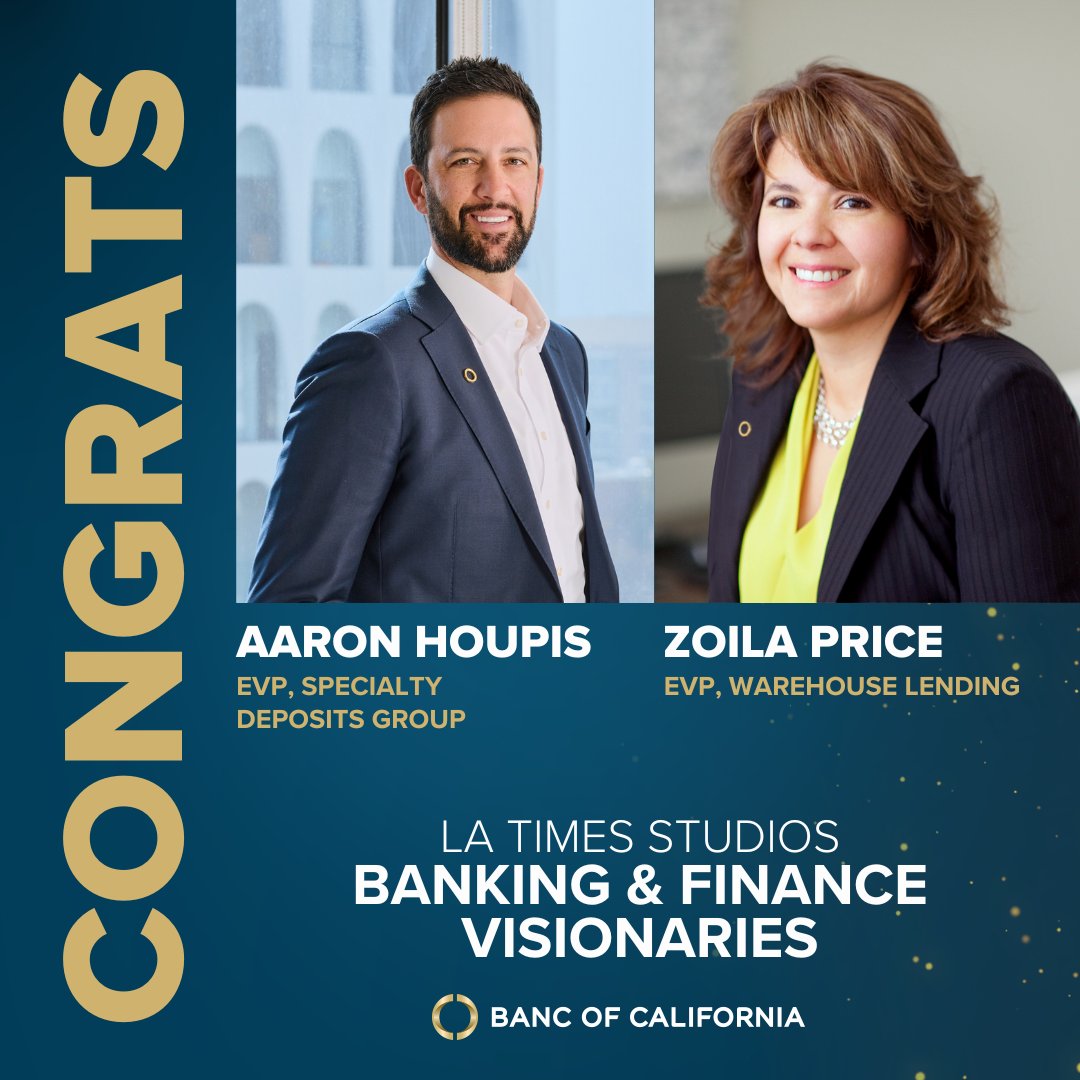 Banc of California (@bancofcal) on Twitter photo Please join us in congratulating Aaron Houpis and Zoila Price for being named 2025 Banking and Finance Visionaries by LA Times Studios! This honor recognizes financial and banking professionals who "represent the best of Southern California." Please join us in congratulating Aaron Houpis and Zoila Price for being named 2025 Banking and Finance Visionaries by LA Times Studios! This honor recognizes financial and banking professionals who "represent the best of Southern California."