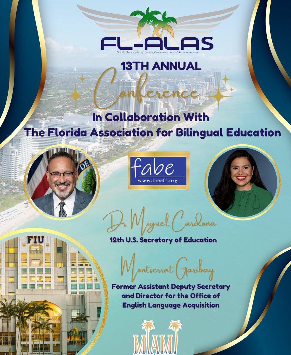 FL-ALAS (@florida_alas) on Twitter photo 12th U.S. Secretary of Education, Dr. Miguel Cardona & <a href="/Montserrat_EDU/">Montserrat Garibay</a>, former Asst. Deputy Secretary & #OELA Director, will be speaking at our 13th Annual <a href="/Florida_ALAS/">FL-ALAS</a> Conference with FABE <a href="/FIU/">FIU</a> in Miami on 4/5!🌴Let’s Learn & Lead together! Register now: rb.gy/g4ajot 12th U.S. Secretary of Education, Dr. Miguel Cardona & <a href="/Montserrat_EDU/">Montserrat Garibay</a>, former Asst. Deputy Secretary & #OELA Director, will be speaking at our 13th Annual <a href="/Florida_ALAS/">FL-ALAS</a> Conference with FABE <a href="/FIU/">FIU</a> in Miami on 4/5!🌴Let’s Learn & Lead together! Register now: rb.gy/g4ajot