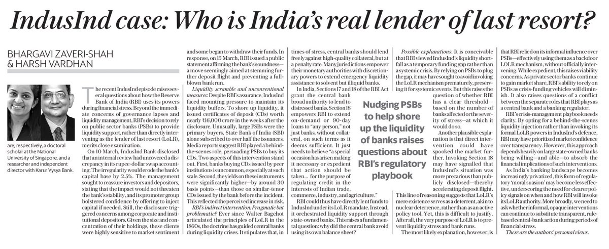 Despite vast powers to lend to banks &amp; "other persons", RBI nudged PSBs to support IndusInd. Why didn't RBI invoke its lender of last resort role to help the bank?Harsh V &amp; I wrote in <a href="/livemint/">Mint</a> conjecturing some reasons &amp; making a case for a rule based LOLR role for RBI