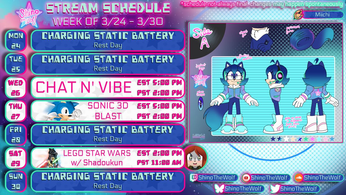 ShinoTheWolf's tweet photo. ✨ Stream Schedule ✨
💫 Bit of a short one this week but there is still the possibility of a stream on Friday so stay posted just in case!
🎨 Art by: @miichi_blu
#ShinoVTLive #ShinoTheWolf #StaticSuperstar #TeamStarlight #VTuber #SonicOC #SonicOCVTuber #SonicTheHedgehog https://t.co/NAdvrLXdjl