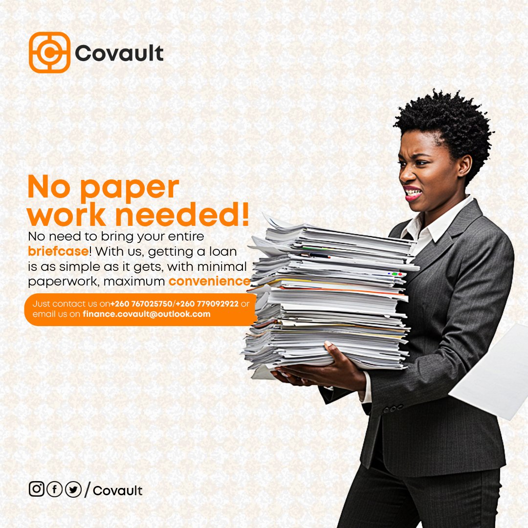 Covault_Zambia's tweet image. 🚀 No Paperwork Needed! Get a loan with minimal hassle &amp;amp; max convenience at Covault! No need for stacks of documents, just quick &amp;amp; simple approvals.

📞 Call: +260 767025750 / +260 779092922
📧 Email: finance.covault@outlook.com

#FastLoans #NoPaperwork #Covault