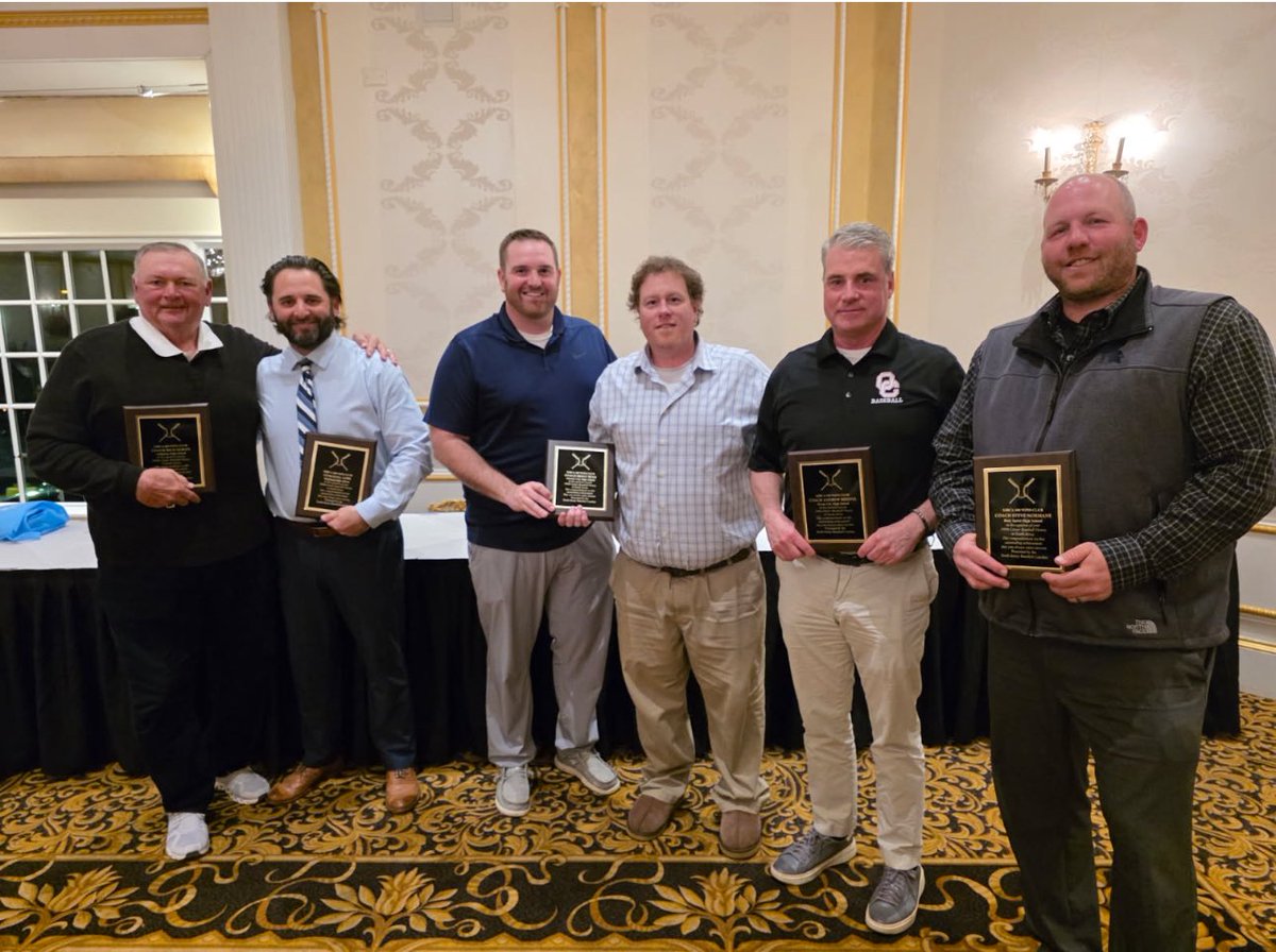 Congrats to coaches Rich Horan, DJ Gore, Brent Bean ( accepted by Dan Fiminnani and Mike Edwards), Andrew Bristol, Steve Normane. Not Pictured Dan McMaster. Each were awarded for coaching victory milestones.