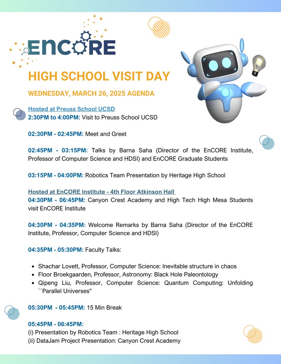 Arya Mazumdar (@mountainofmoon) on Twitter photo High-schoolers are invading <a href="/EnCOREInstitut/">EnCORE Institute</a> tomorrow. Looking forward to the cool-sounding talks by Shachar, Qipeng and Floor. High-schoolers are invading <a href="/EnCOREInstitut/">EnCORE Institute</a> tomorrow. Looking forward to the cool-sounding talks by Shachar, Qipeng and Floor.