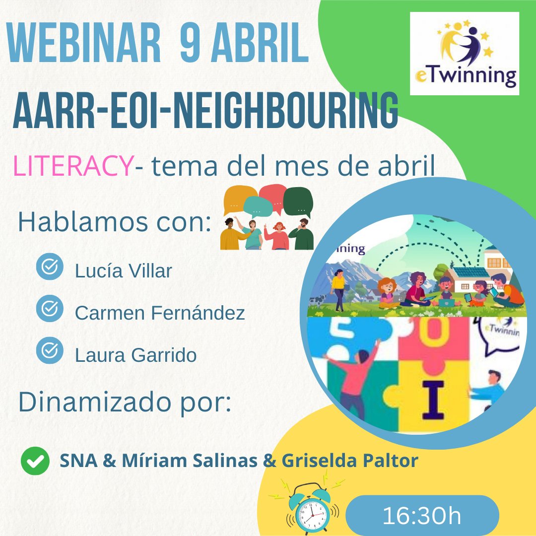 📚¡No te pierdas el webinar "eTwinning y Literacy"! Si eres docente interesado en esta temática, este evento es para ti

👩‍🏫Con Carmen Fernández, Laura Garrido y Lucía Villar. Dinamizado por Miriam Salinas y Griselda Paltor
📅9 de abril, 16:30 h

🔗bit.ly/3DR0B3X