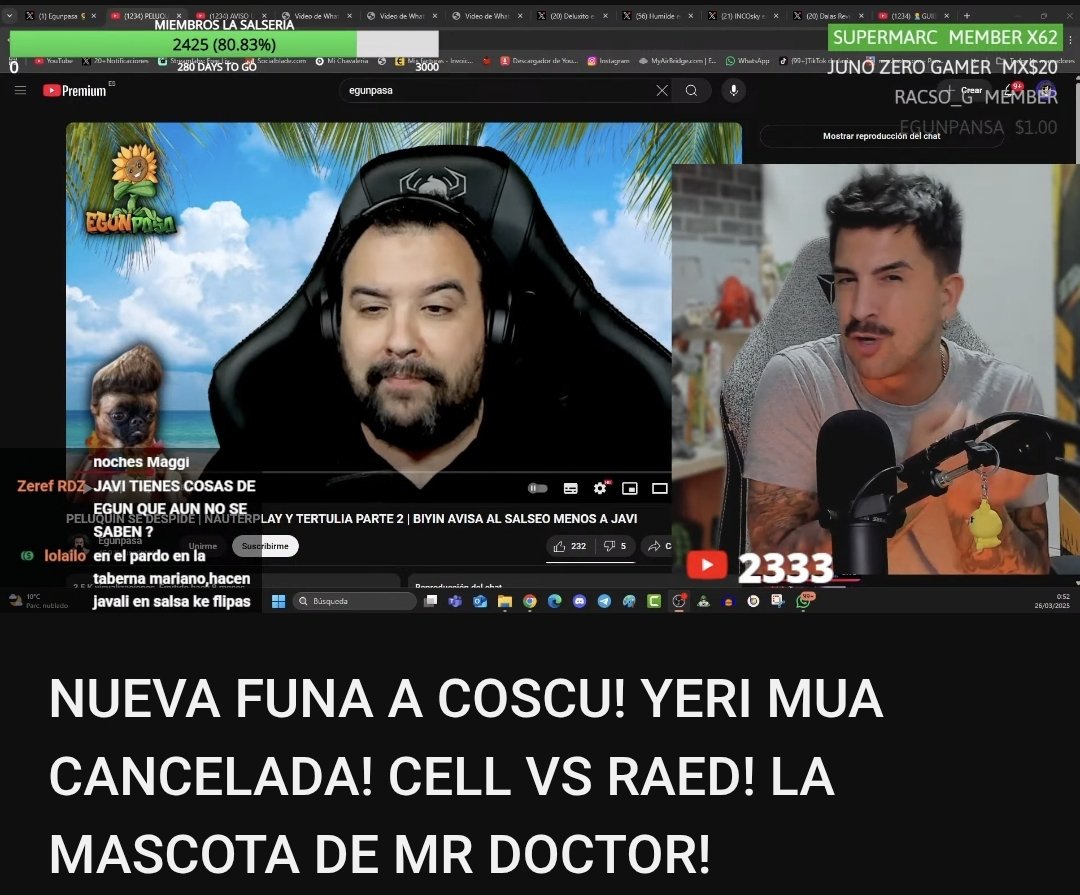 Ahora el guindilla quiere demandar a <a href="/Egunpasa/">Egunpasa 🌻</a> por tener a peluquin en su canal, porque es "acoso", aunque al mismo tiempo dice q no es un piel fina, y no se cansa de llamarlo jabalí, obeso, y señor de más de 50 años!