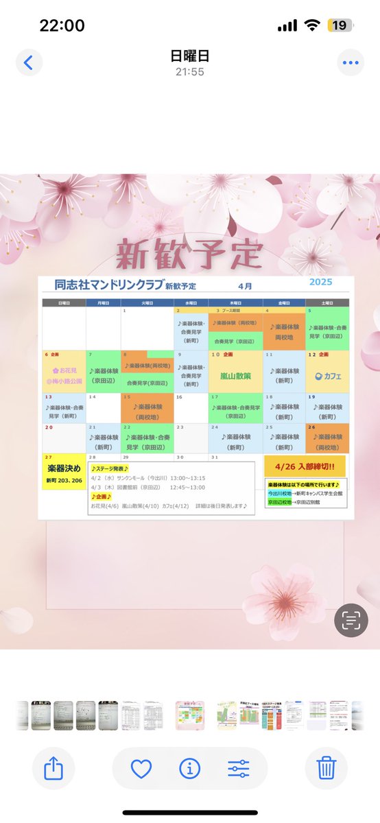 新入生の皆さん
新歓の予定が決まりました〜
楽器体験や合奏見学やります！
☘️企画
　4/6 お花見
   4/10嵐山散策
   4/12 カフェ　を予定しています！
ご質問ありましたらお気軽にDMください