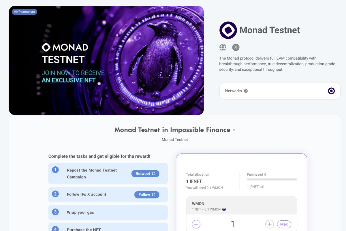 早，领一个 <a href="/monad_xyz/">Monad</a> 生态上的Impossible Finance NFT，限量10000个

链接：app.impossible.finance/launchpad/proj…

消耗0.1个测试币 $MON
