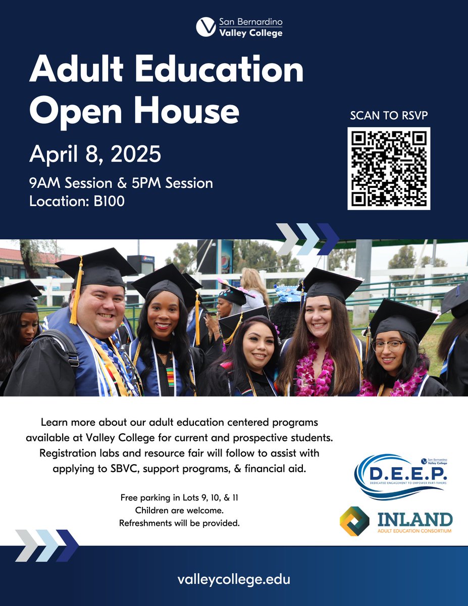 Adult Education Open House
April 8, 2025
9AM Session &amp; 5PM Session
Location: B100

Learn more about our adult education centered programs available at Valley College for current and prospective students.