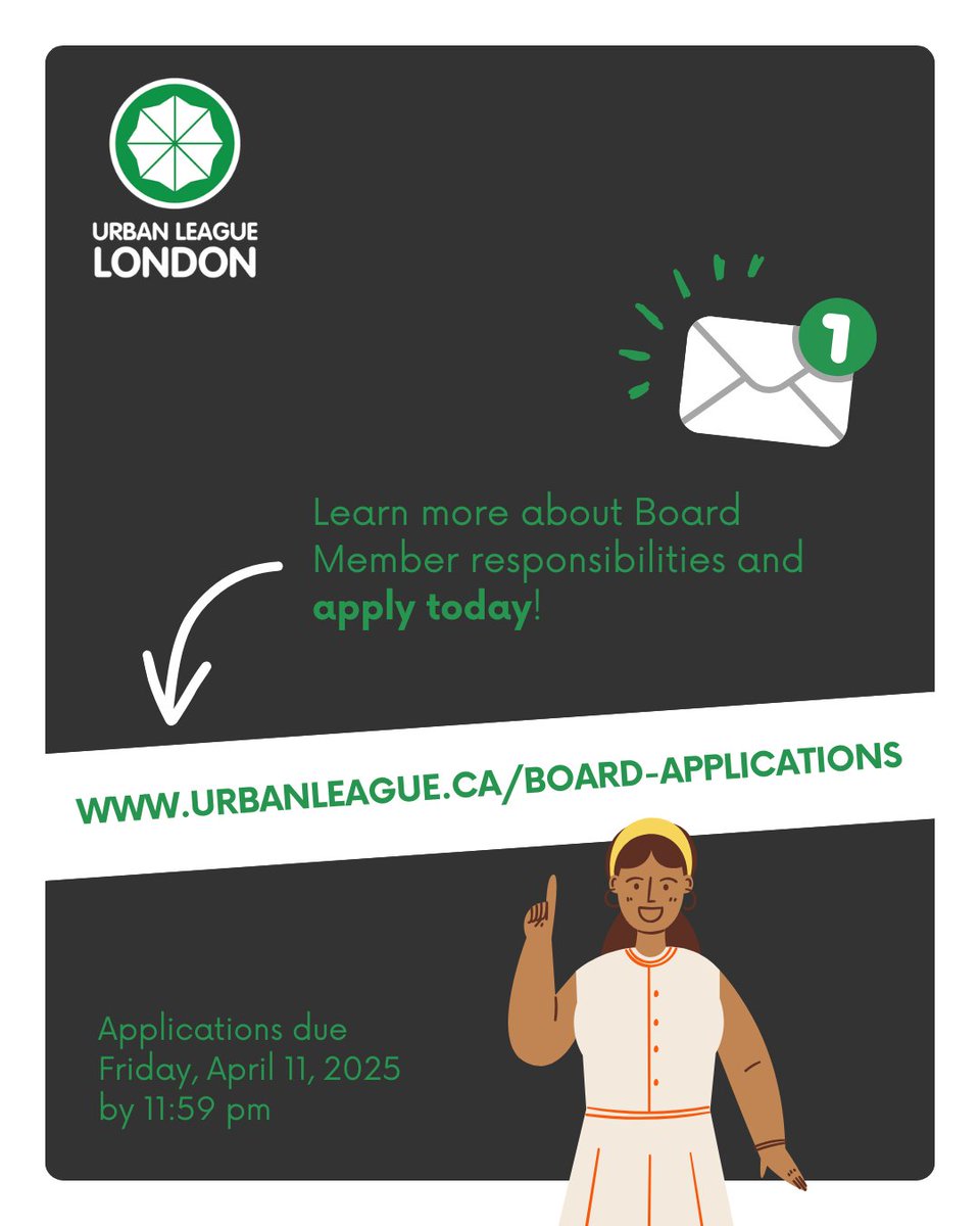 The Urban League of London is currently seeking dynamic individuals to fill open positions on our Board of Directors. Open positions include Treasurer and Directors-at-Large.

Applications are due Friday, April 11, 2025 by 11:59 pm.

Learn more &amp; apply ➡ urbanleague.ca/board-applicat…